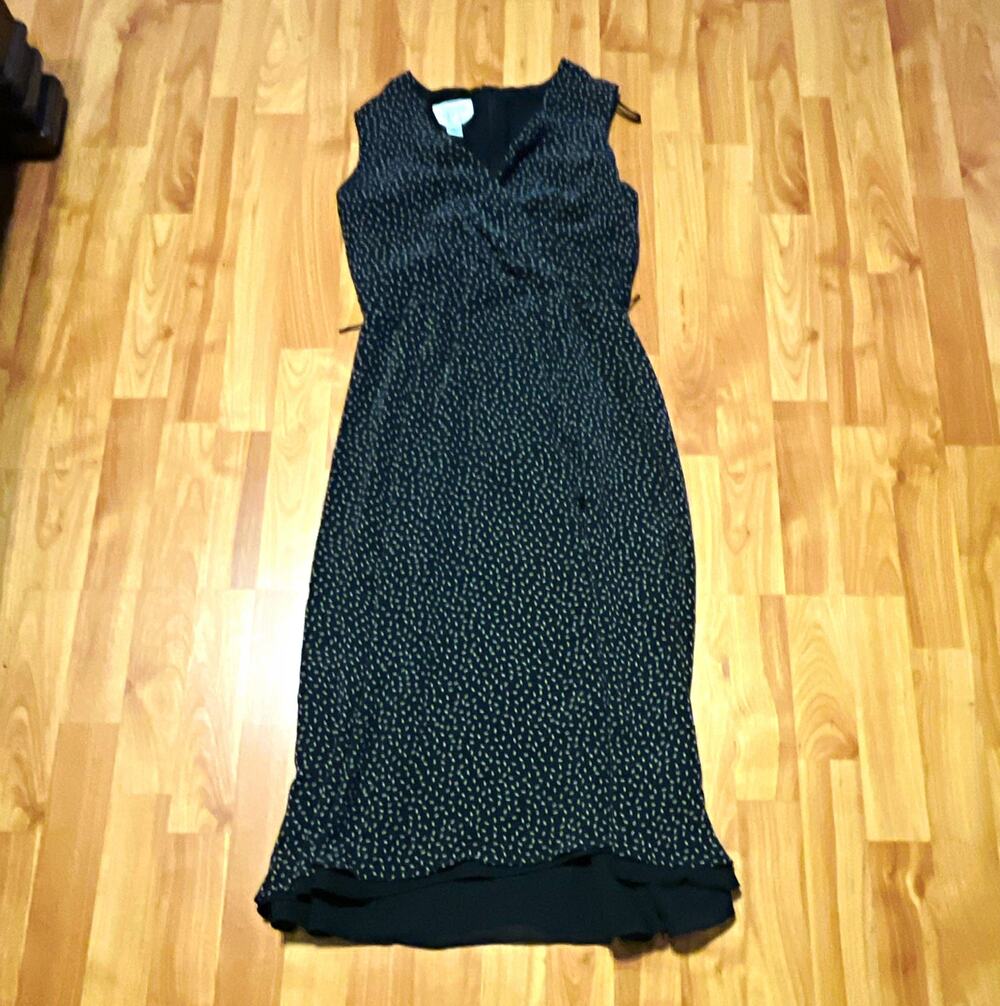 Talbots Petites Black/Beige Polka Dot Silk Chiffon Wrap A-Line V-Neck Midi 2
